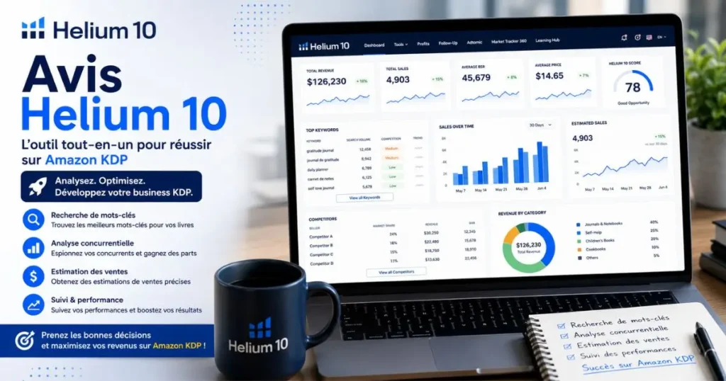 Helium 10 pour analyser les mots-clés et ventes Amazon KDP