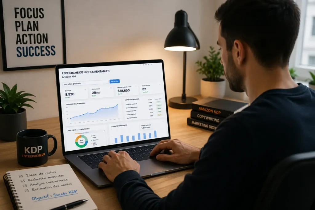 Recherche de niche rentable Amazon KDP avec analyse des mots-clés et concurrence
